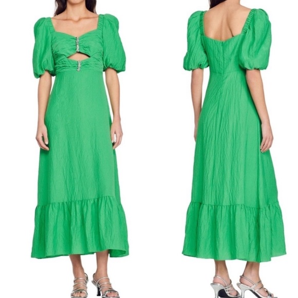 Sandro Falbala Rhinestone Embellished Cutout Midi Dress Emerald  38/M - Picture 1 of 15